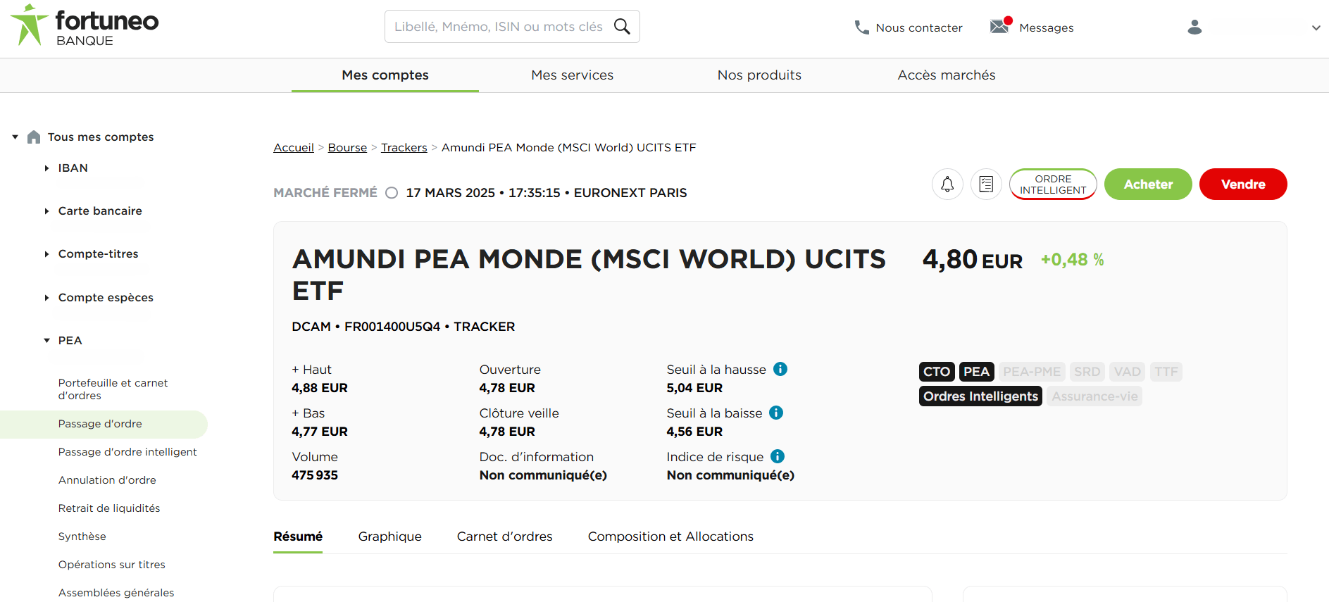 etf pea fortuneo passage d'ordre