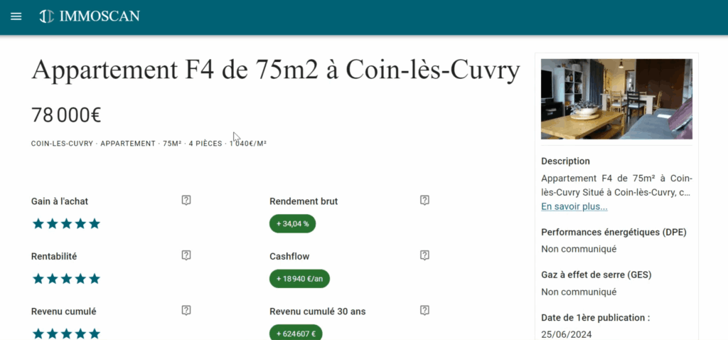 Exemples d'indicateurs disponibles sur une annonce ImmoScan
