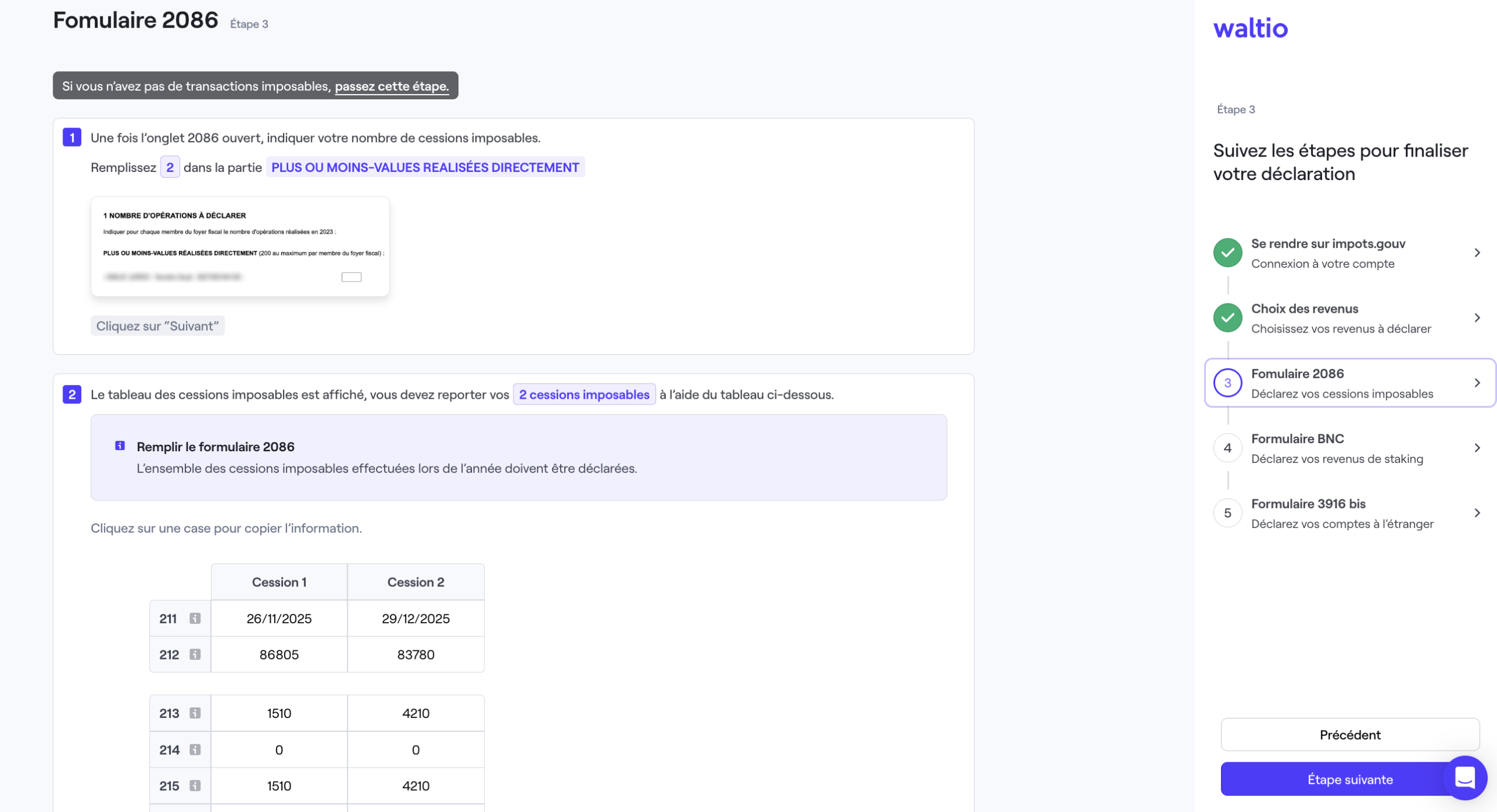 Formulaire 2086 avec Waltio