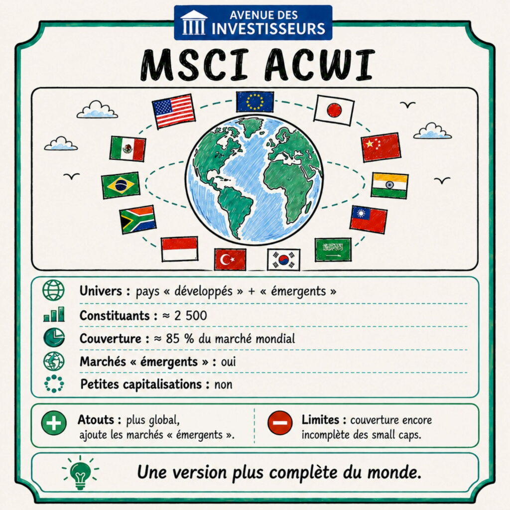 Infographie sur l’indice MSCI ACWI : pays développés et émergents, environ 2 500 constituants, 85 % de l’univers actions mondial, hors petites capitalisations.
