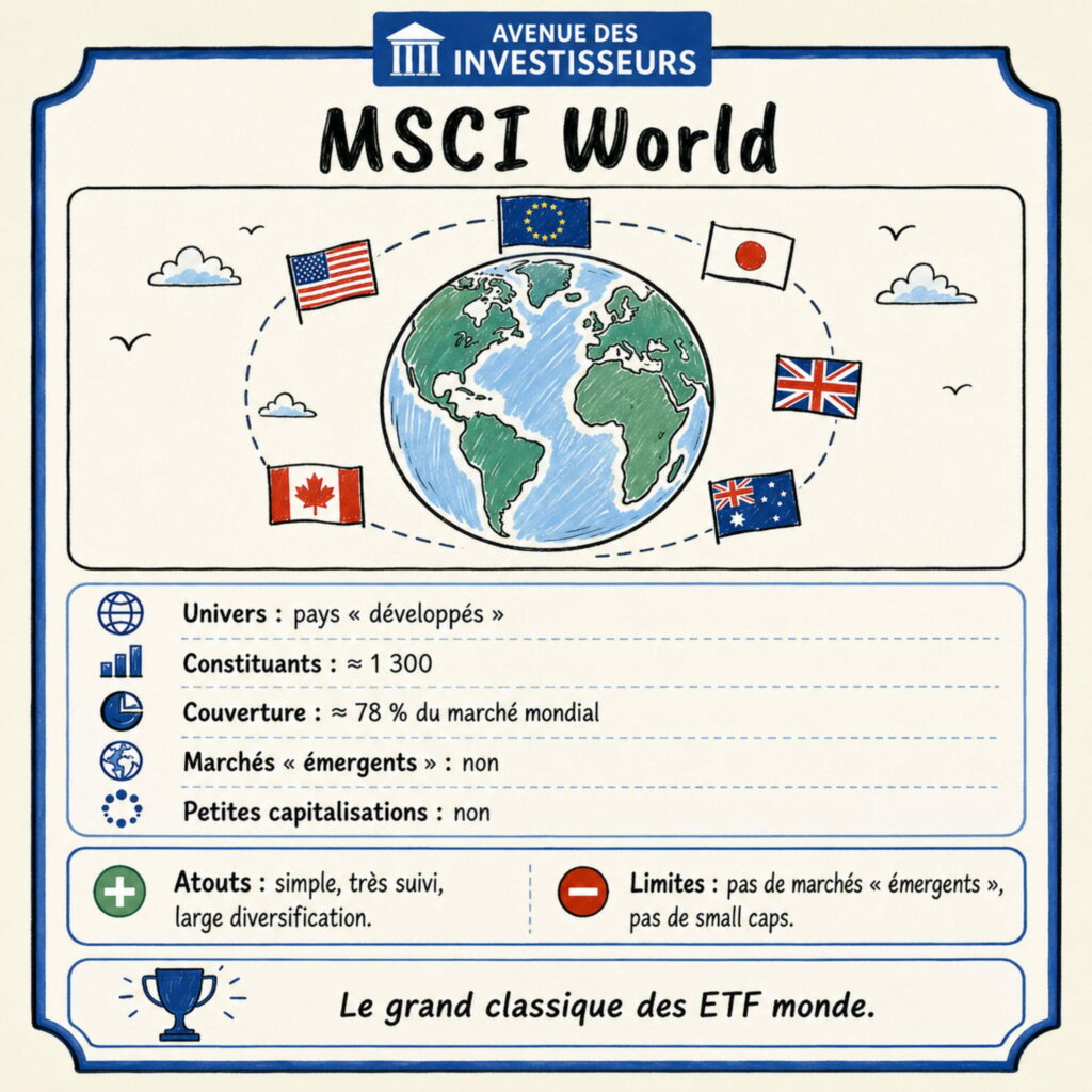 Infographie sur l’indice MSCI World : pays développés, environ 1 300 constituants, 78 % du marché mondial, sans émergents ni petites capitalisations.