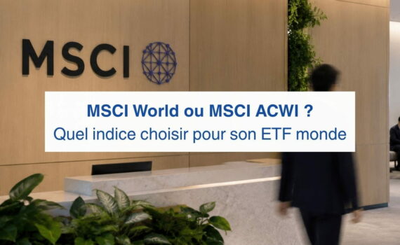 Hall d’accueil corporate avec logo MSCI, illustrant le choix entre MSCI World et MSCI ACWI.