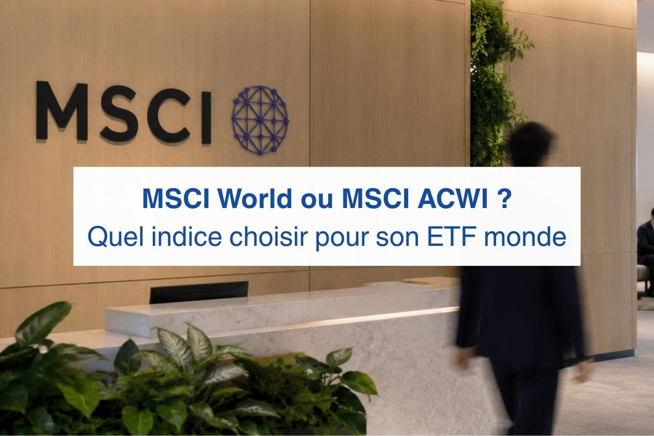 Hall d’accueil corporate avec logo MSCI, illustrant le choix entre MSCI World et MSCI ACWI.