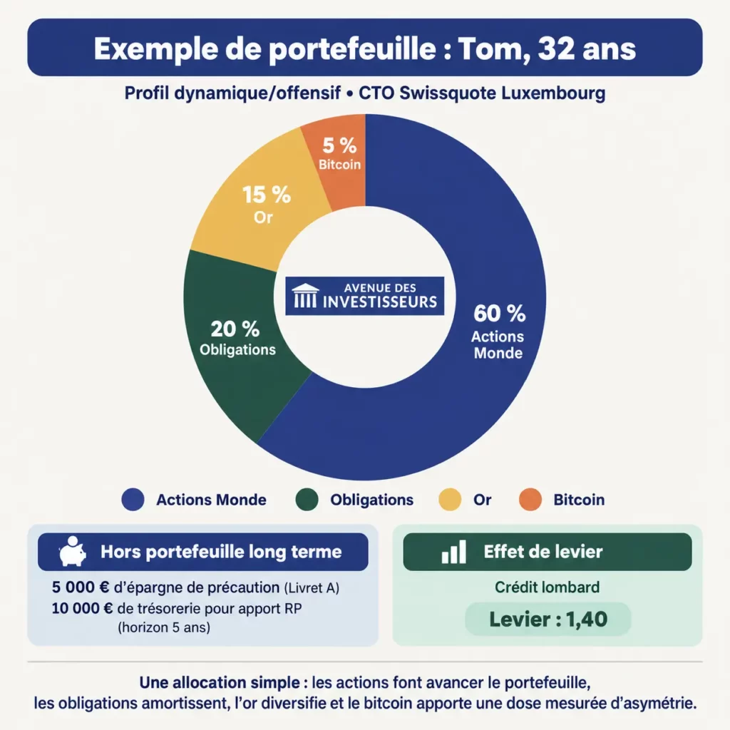 Exemple de portefeuille ETF pour un profil dynamique : 60 % actions Monde, 20 % obligations, 15 % or et 5 % bitcoin.